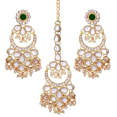 Aheli Kundan Pearl Chandbali Earrings with Maang Tikka Indian Traditional Bollywood Fashion Jewelry Set for Women Girls