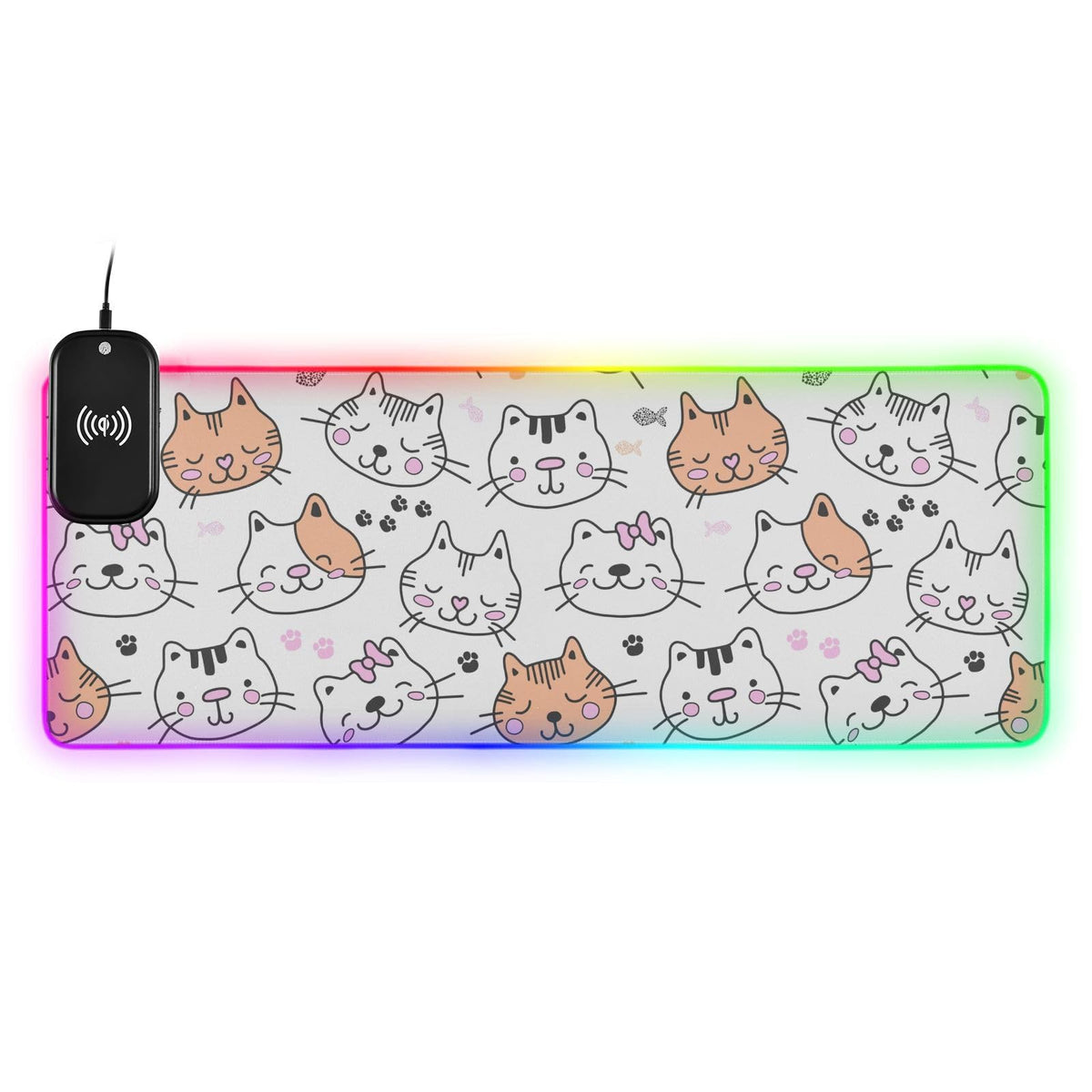 Cute Cat Animal Wireless Charging Mouse Pad for Mobile Phone Extra Large Gaming Mousepad with 13 Lighting Modes Extended Desk Mat for Gaming MacBook PC Laptop Desk Office Home