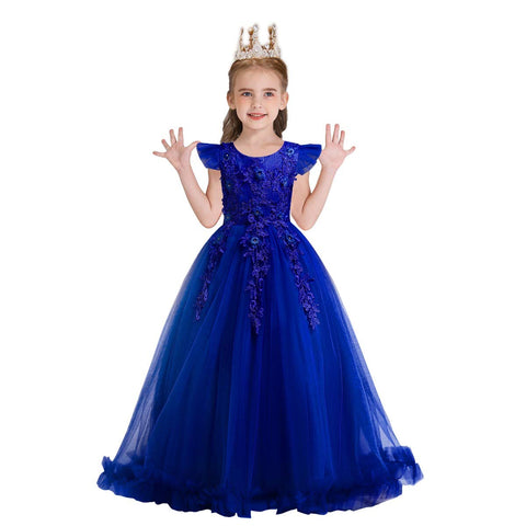 HIHCBF Flower Girls Embroidered Lace Princess Communion Dress Ruffle Tulle Wedding Birthday Pageant Evening Ball Gown Royal Blue 5-6T