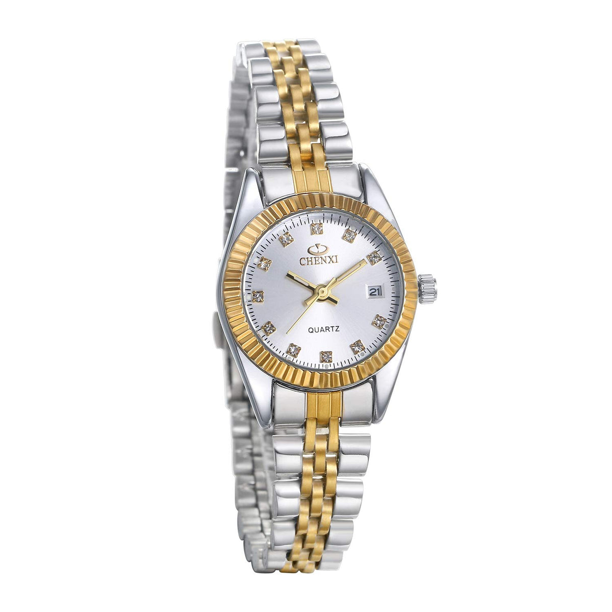 JewelryWe Luxury Couple Watches Gold-Silver Tone Stainless Steel Quartz Calendar Wristwatch Rhinestone His and Her Watch Set
