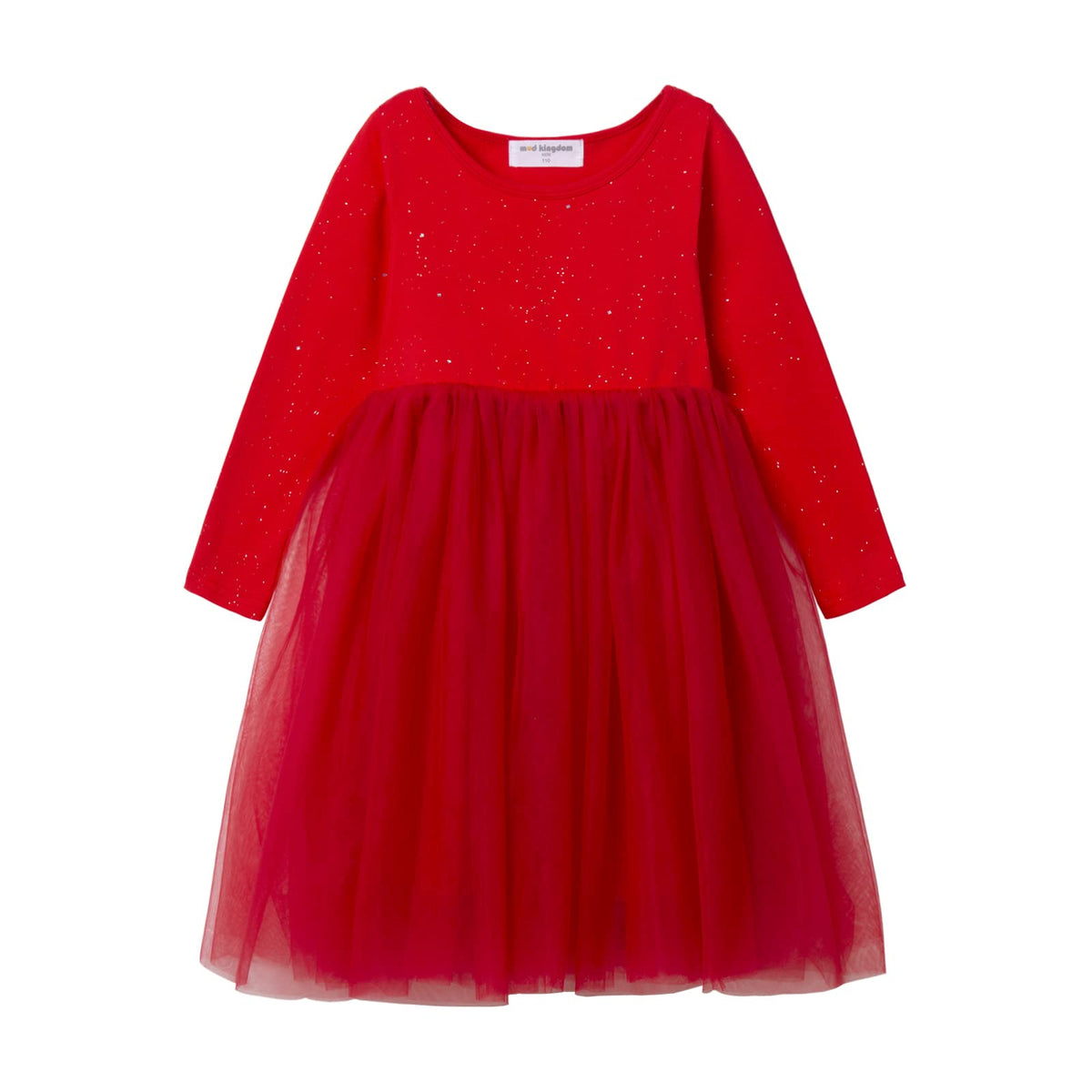 Mud Kingdom Little Girls Dresses Sparkle Sequin Knitted Tutu Dress for Girl Long Sleeve Plain Princess Dresses Solid Red 5 Years