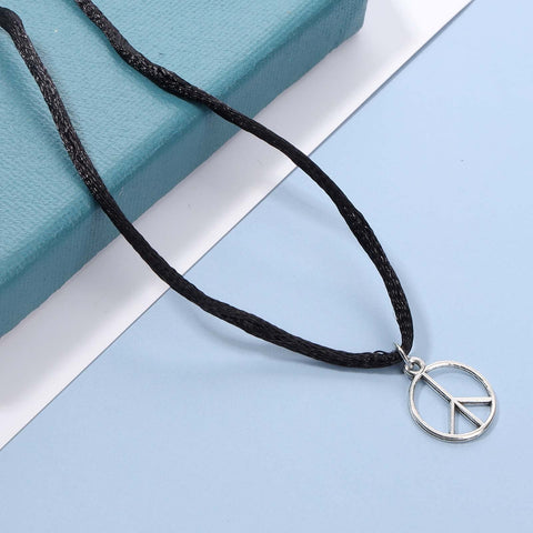 Yheakne Boho Peace Choker Necklace Black Cord Circle Necklace Short Round Necklace Vegan Necklace Chain Jewelry for Women and Girls
