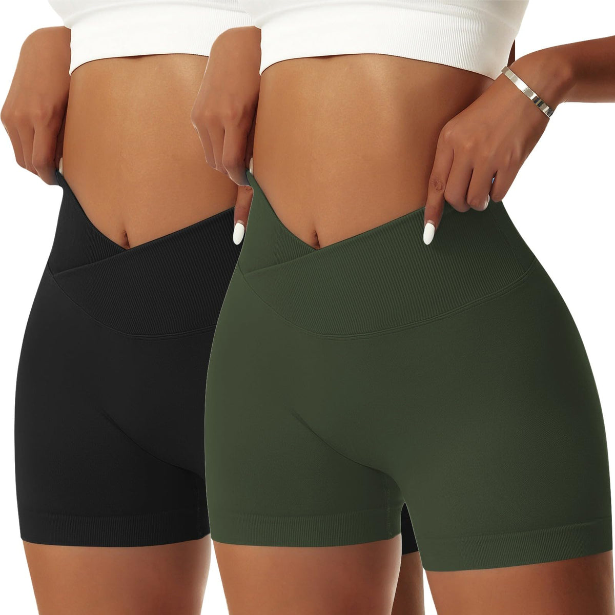 Vertvie 2 Pack Workout Gym Shorts for Women High Waisted Booty V Cross Biker Shorts Scrunch Butt Athletic Yoga Shorts (Black/Army Green, Small)