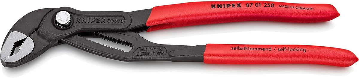 KNIPEX Cobra Water Pump Pliers, 250 mm, Nuts to 46 mm, Pipes to 50 mm, Self-Locking, Fine Adjustment by Button Push, Pipe Wrench, 87 01 250