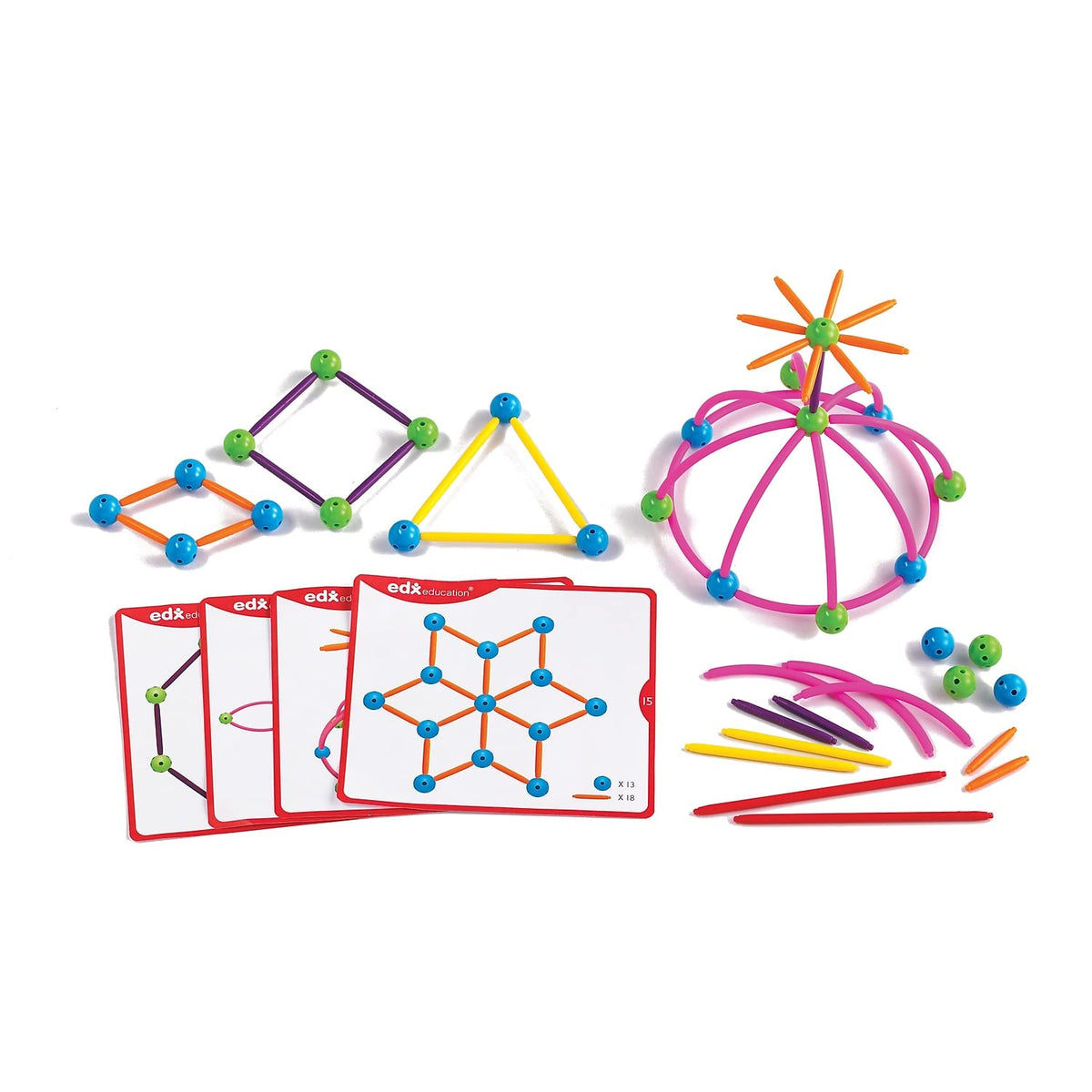 edxeducation Skeletal Starter Geo Set - 144 Multicolored Pieces - 20 Double-Sided Activity Cards - STEM Building Toy for Ages 3+ - Construct Geometric 2D and 3D Shapes