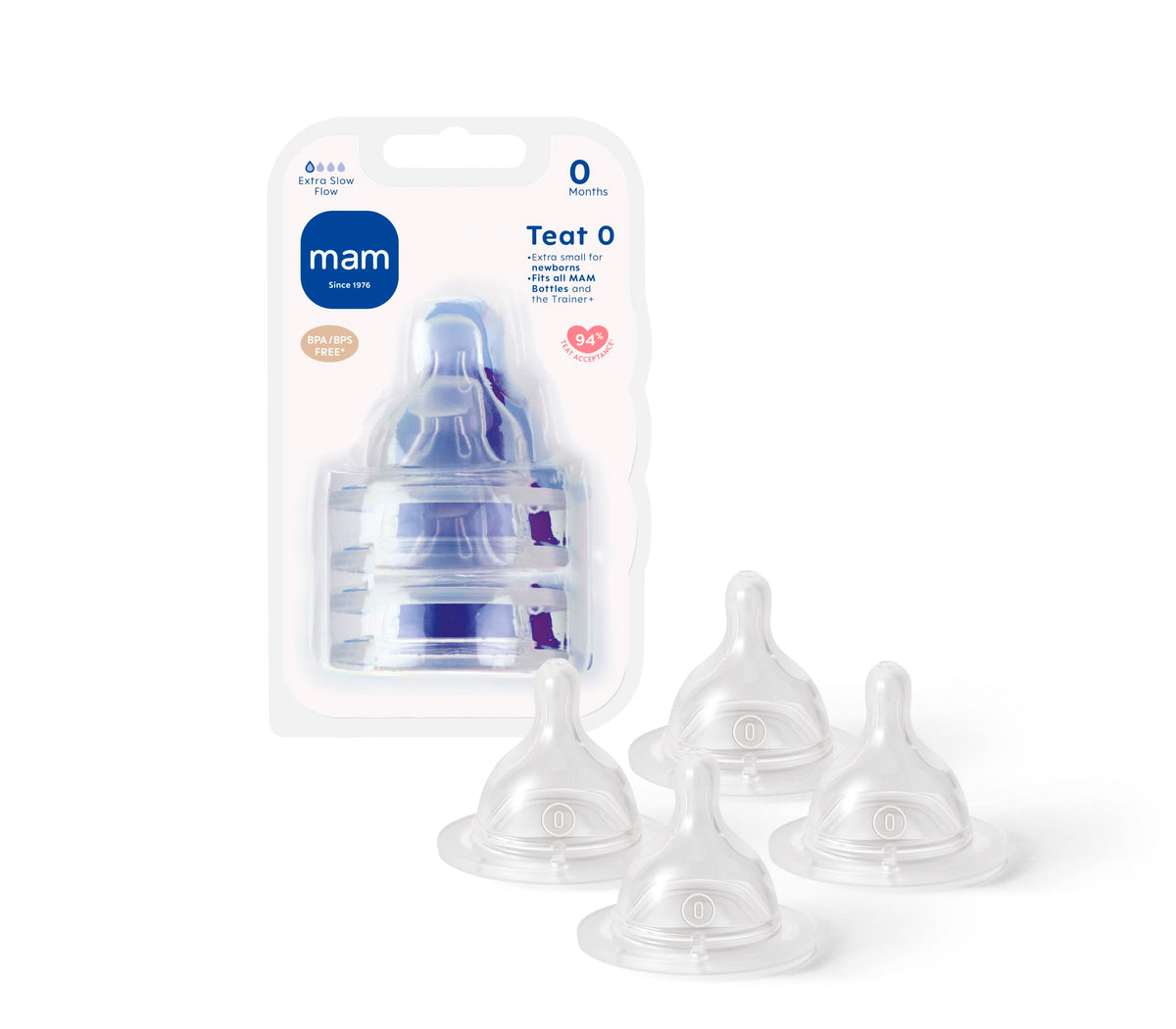 MAM Extra-Slow Flow Teats Size 0, Suitable for Newborns, SkinSoft Silicone Teats for Baby Bottles, Fits All MAM Bottles, Baby Feeding Essentials, Pack of 4
