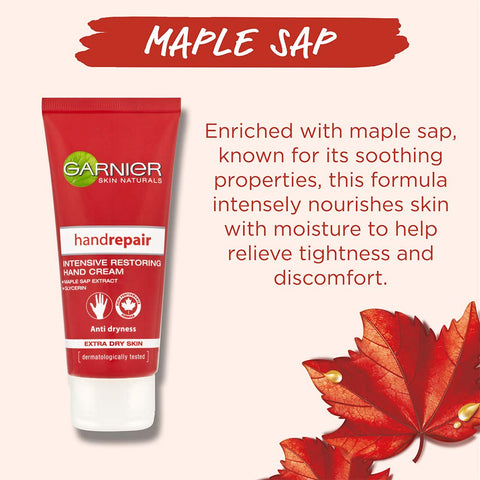 Garnier Hand Repair Intensive Restoring Hand Cream, Nourishing Canadian Maple Sap and Moisturising Glycerin, Leaves Skin Soft and Supple, Restores Extra Dry Hands, Suitable For Sensitive Skin, 100 ml