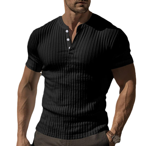 Men's Henley T Shirt Summer Casual Solid Color Striped Button Slim Fit Short Sleeve Tshirt Black XL