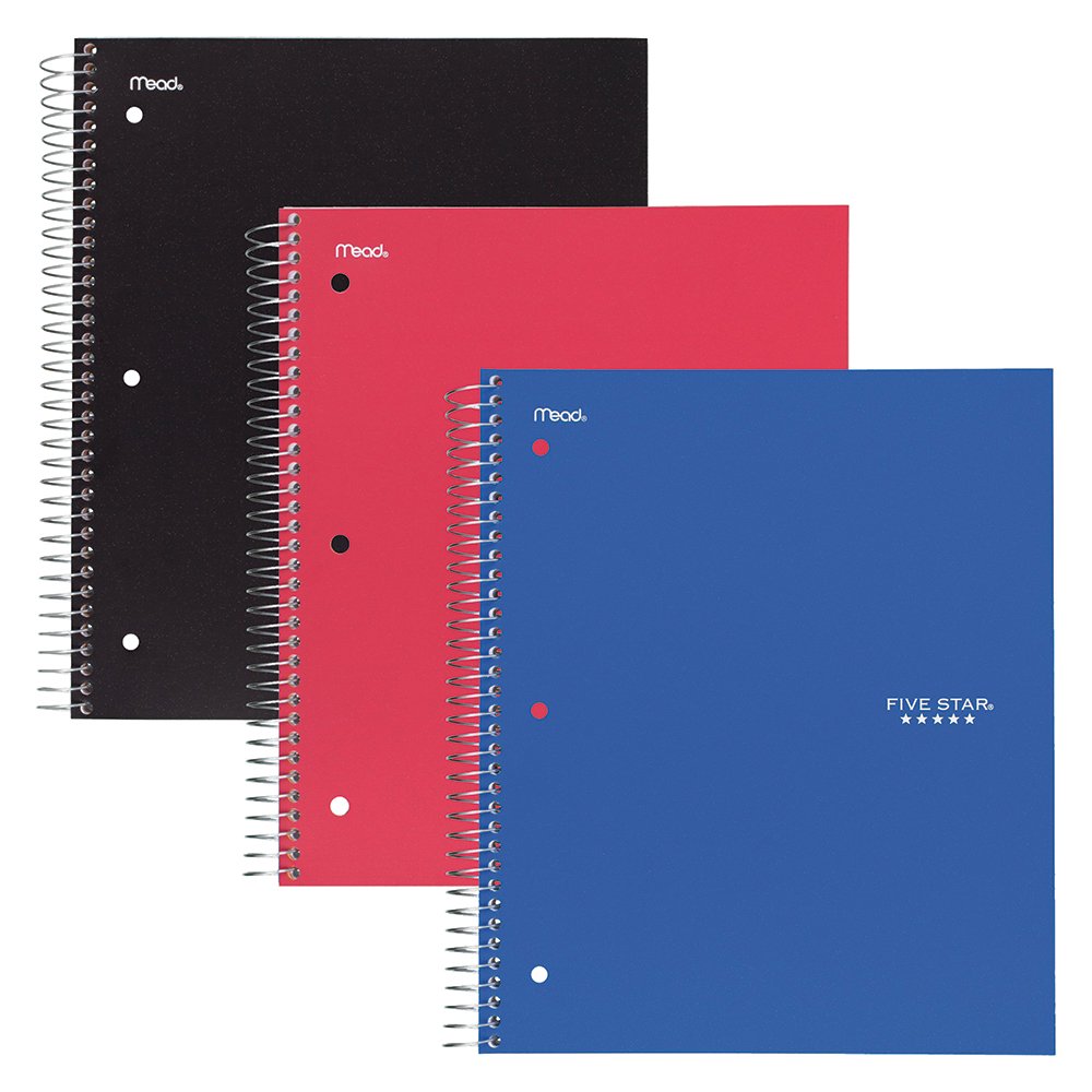 Five Star Spiral Notebooks, 2 Subject, College Ruled Paper, 120 Sheets, 11" x 8-1/2", Black, Red, Blue, 3 Pack (38621)