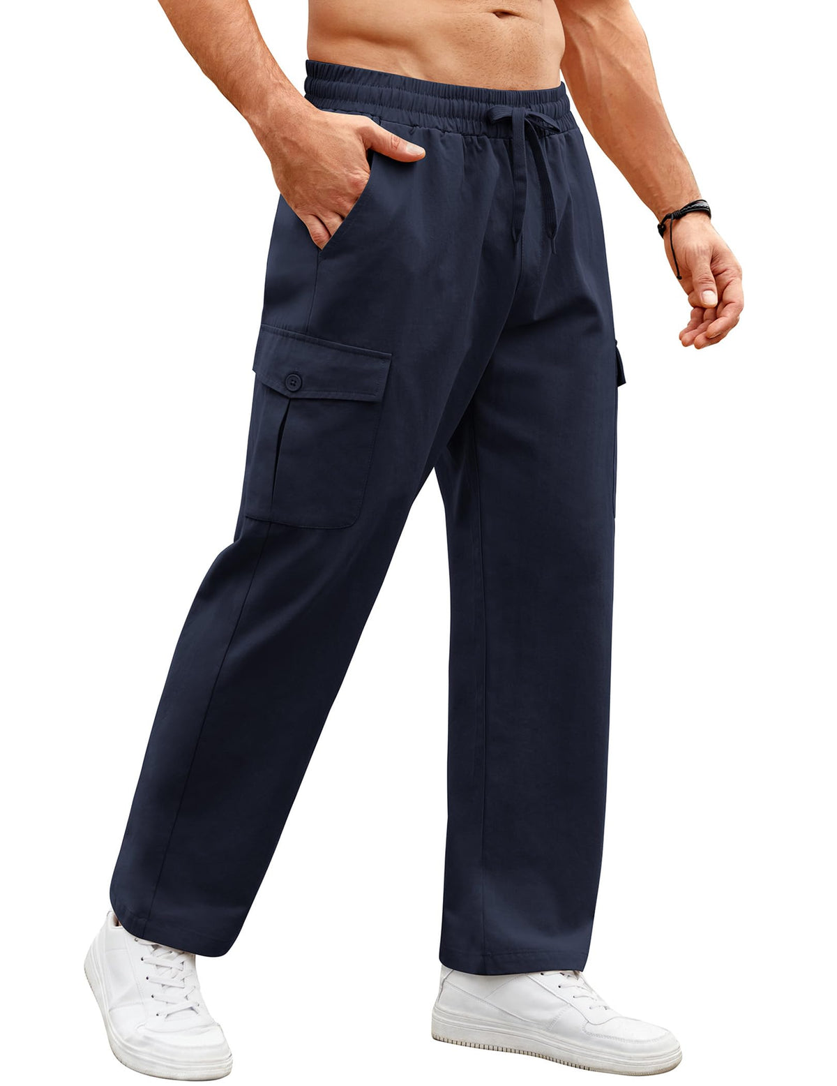 COOFANDY Men's Casual Hiking Pants Cotton Drawstring Lightweight Cargo Work Out Pants for Men Relaxed Fit, Navy Blue, Large