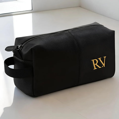 Personalised Embroidered Mens Leather Wash Bag with Strap, Black or Brown, Leather Toiletry Bag Embroidered with Initials