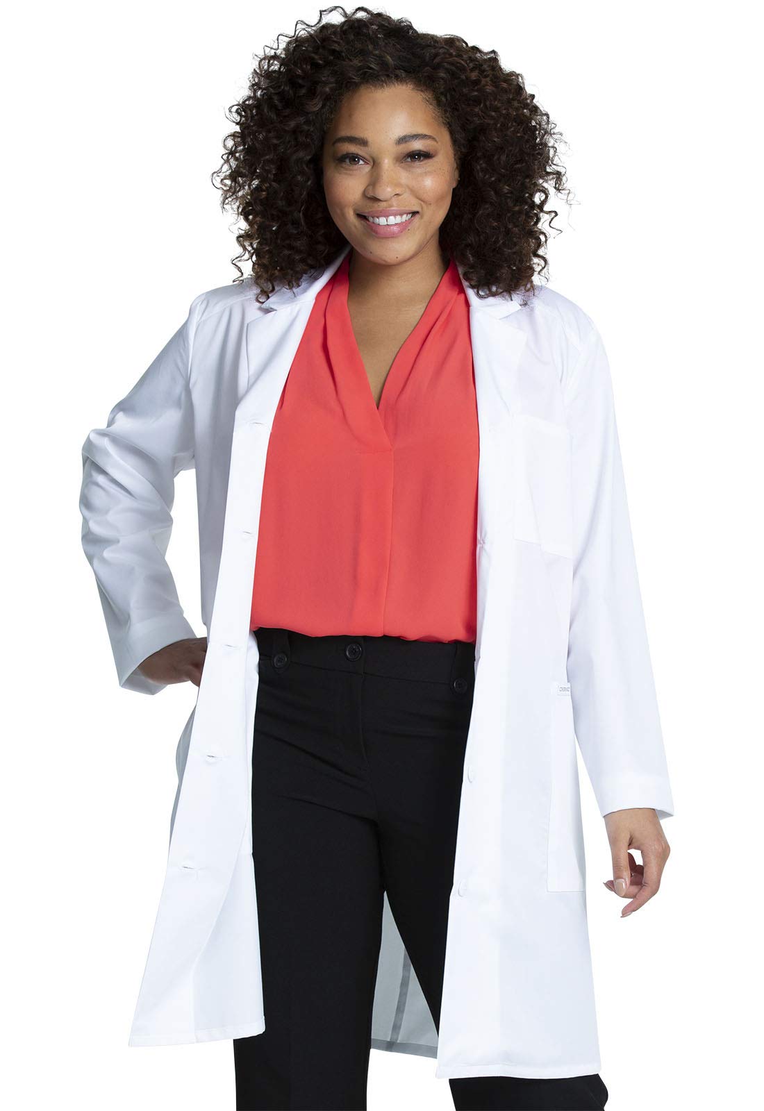 Cherokee Women's Scrub Lab Coat with Button Up Front, 3 Pockets Modern Classic fit and Mechanical Stretch Fabric CK421, 2XL, White