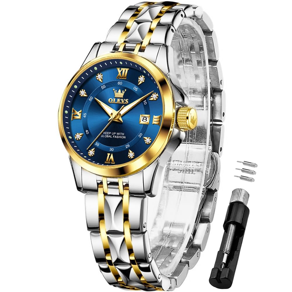 OLEVS Blue Women's Watch Business Dress Analog Easy to Read Ladies Watch Small Stainless Steel Waterproof Luminous Gift Watch for Female