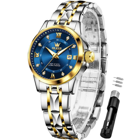 OLEVS Blue Women's Watch Business Dress Analog Easy to Read Ladies Watch Small Stainless Steel Waterproof Luminous Gift Watch for Female