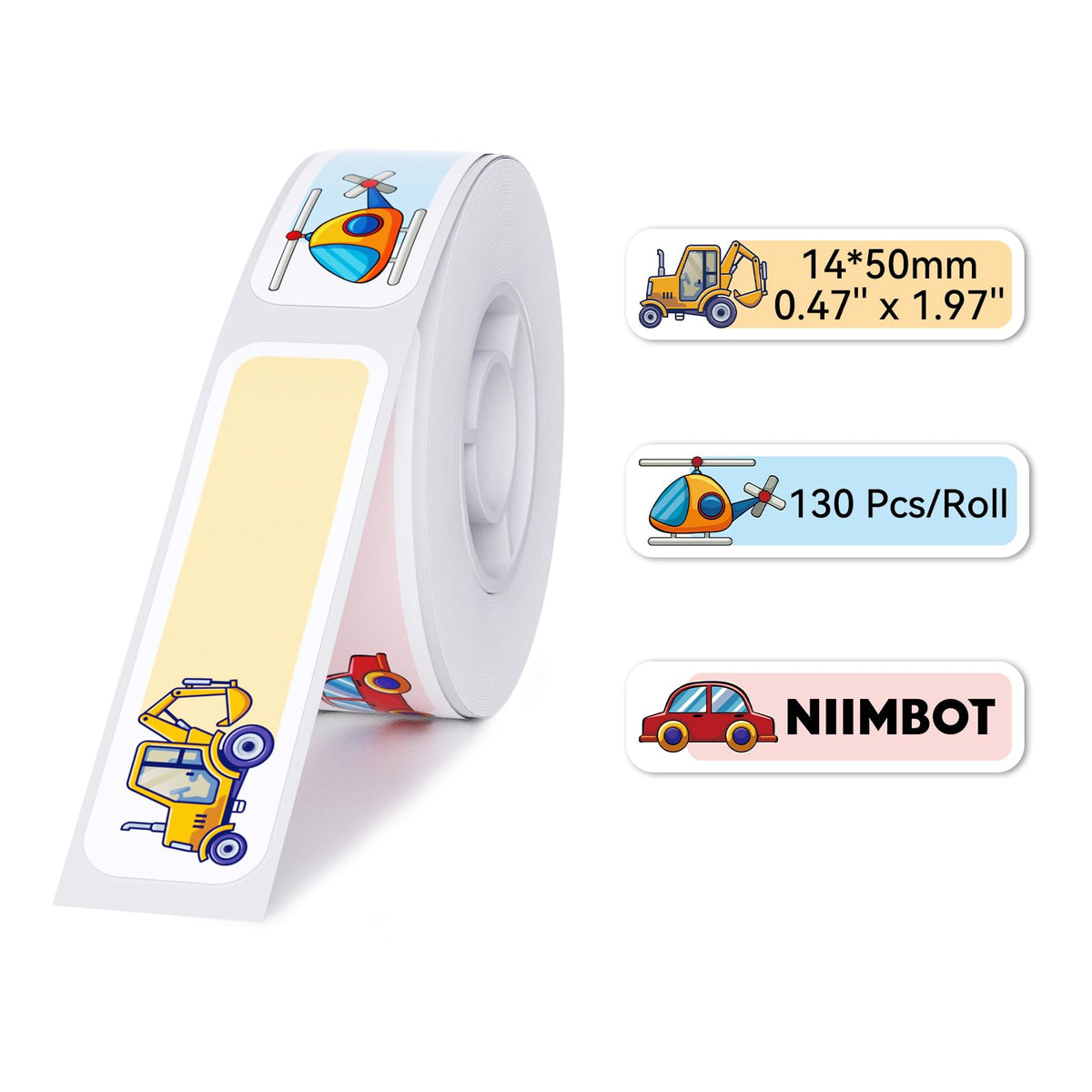 NIIMBOT D11 Label Maker Tape D110 Cute Label Paper, Self-Adhesive Labeling Tape Replacement 0.55" X 1.97" (14 X 50mm) Thermal Label Tape for School Home, 130 Labels/Roll, Toy Car