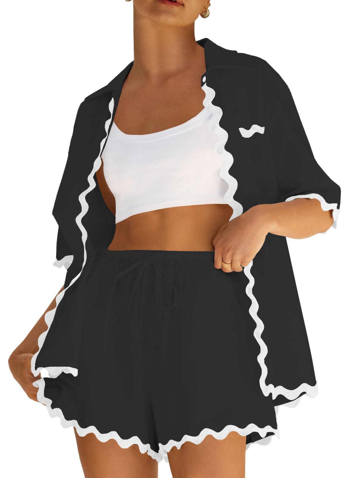 ARTFREE Women's 2 Piece Pajama Sets Short Sleeve Button Down Shirts and Shorts Outfit Sets Summer Beach Loungewear Black