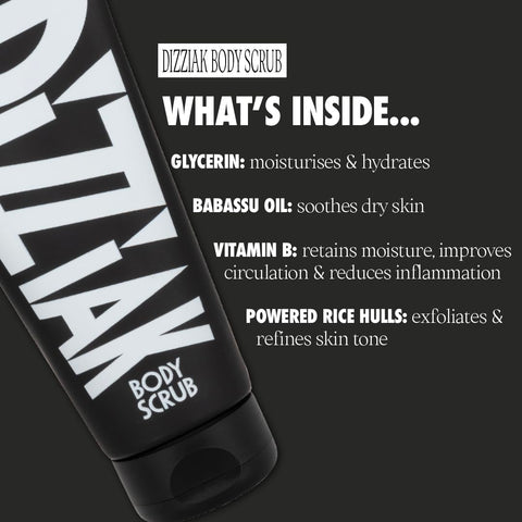 DIZZIAK Exfoliating Body Scrub: Gentle Rice Hull Polish and exfoliatior for Brighter Skin, Hydrating Babassu Oil & Glycerin, Moisture-Locking Sugar Beet & Coconut, Vegan - 200ml