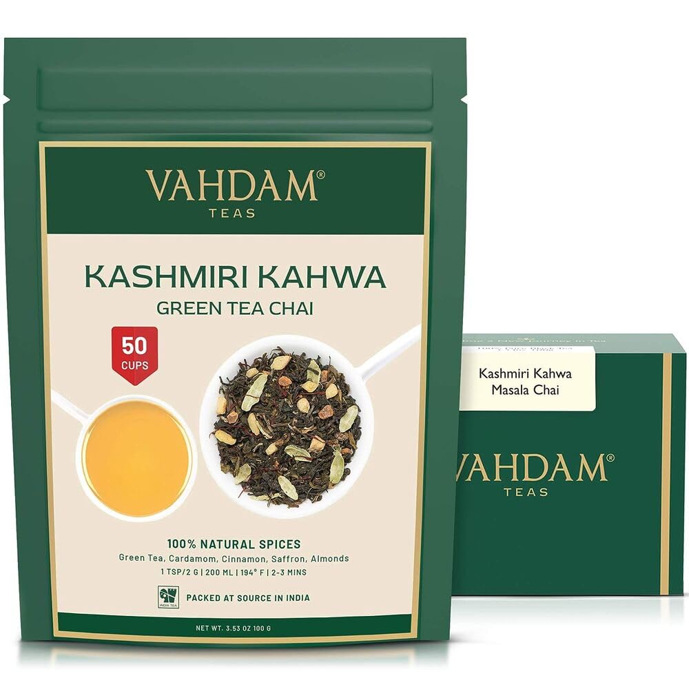 VAHDAM, Kashmiri Kahwa Tea Loose Leaf 100g (50 Cups) Indian Masala Chai Tea | Green Tea, Cinnamon, Cardamom, Almond, Saffron | Spiced Chai Tea Loose Leaf | Unblended Loose Leaf Tea | Vacuum Sealed