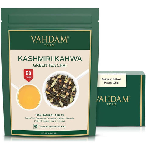 VAHDAM, Kashmiri Kahwa Tea Loose Leaf 100g (50 Cups) Indian Masala Chai Tea | Green Tea, Cinnamon, Cardamom, Almond, Saffron | Spiced Chai Tea Loose Leaf | Unblended Loose Leaf Tea | Vacuum Sealed