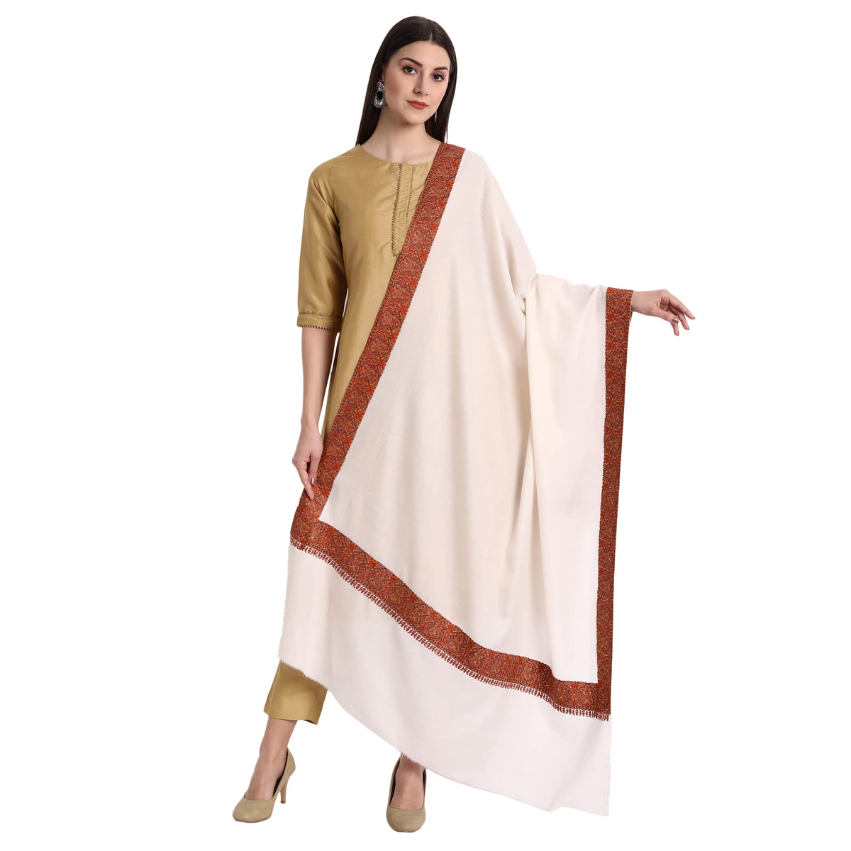 Kashmiri Indian Sozni Embroidery Pashmina Wool Shawl Scarf for Women (White)