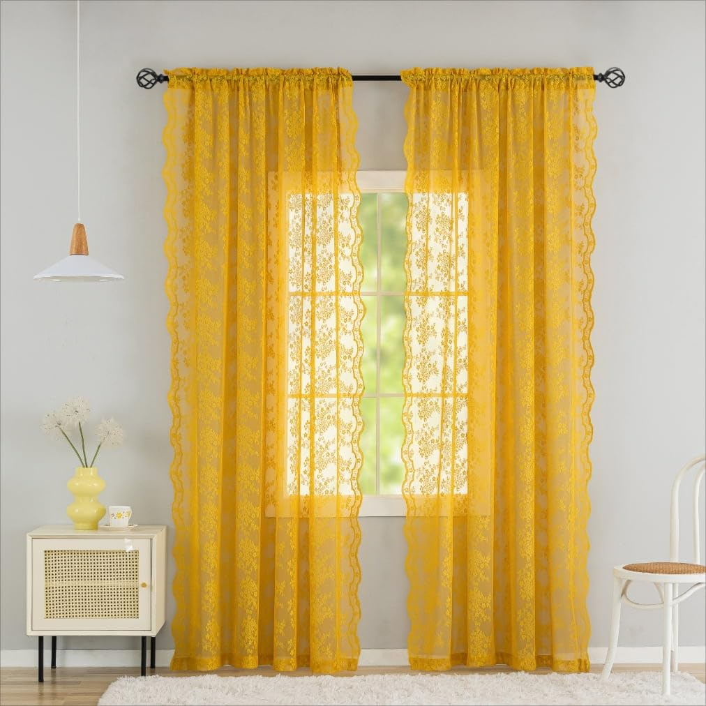 YJ YANJUN Mustard Yellow Curtains 96 Inches Long for Living Room Retro Lace Mid Century Modern Curtains Light Filtering Sheer Yellow Window Drapes 2 Panels Set 8ft Curtains, Gold Yellow