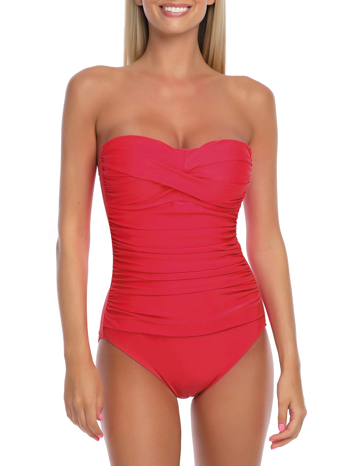 RELLECIGA Women's Red Ruched Neck Halter Twist Bandeau One Piece Swimwear Bathing Suits Size Large