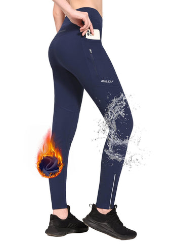 BALEAF Women's Fleece Lined Leggings Cycling Waterproof Trousers Winter Running Pants with Zip Pockets High Waisted Hiking Tights Blue L