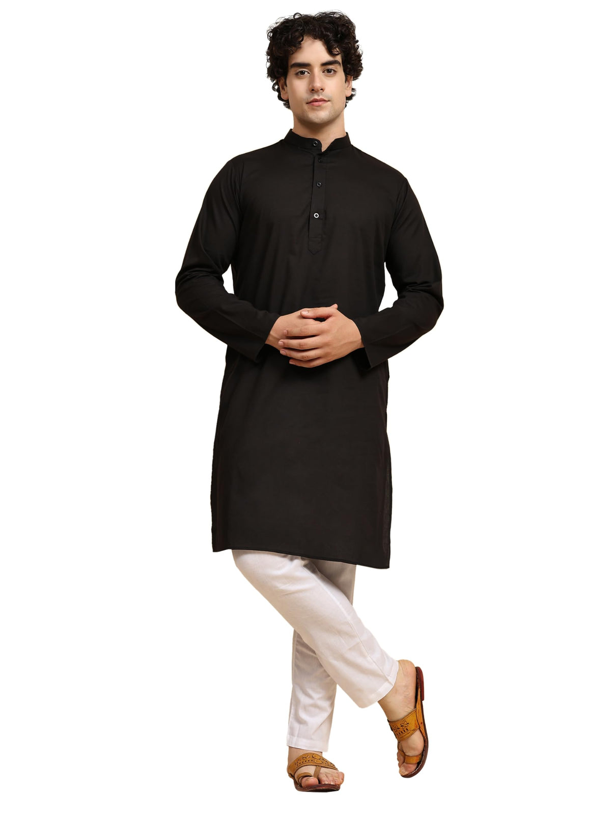 SKAVIJ Men's Pure Cotton Solid Kurta Pajama Set Mandarin Collar Daily Wear Casual Yoga Dress (KP022black_Black_4XL)