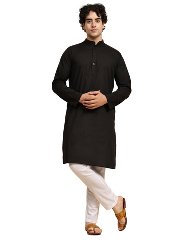 SKAVIJ Men's Pure Cotton Solid Kurta Pajama Set Mandarin Collar Daily Wear Casual Yoga Dress (KP022black_Black_4XL)