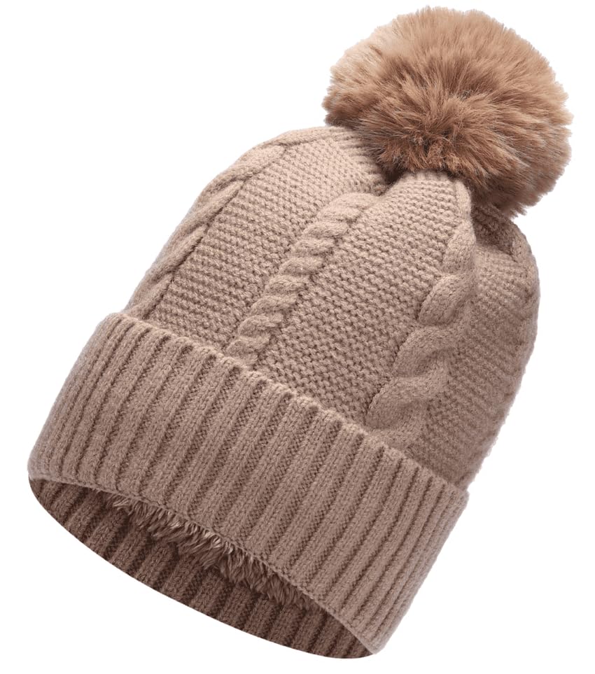 Gadgets Mafia Warm Chunky Cable Knit Beanie Hat with Thermal Teddy Fleece Lining with Fur Pompom (Pink)