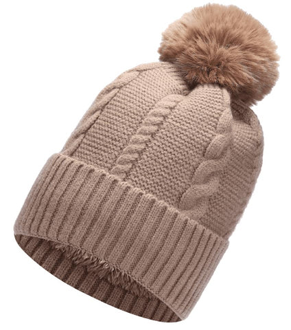 Gadgets Mafia Warm Chunky Cable Knit Beanie Hat with Thermal Teddy Fleece Lining with Fur Pompom (Pink)