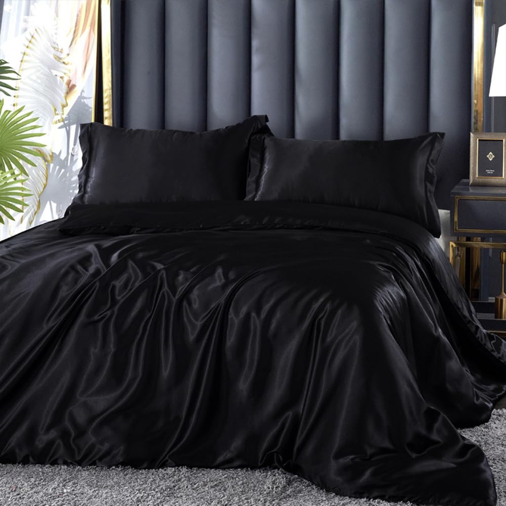 DXHOME Bed Linen 200 x 220 cm Summer Satin Black Shiny Silk Bed Linen Duvet Cover Double Bed Set Plain Black Smooth Luxury Gloss Satin Microfibre Bedding Set with Zip
