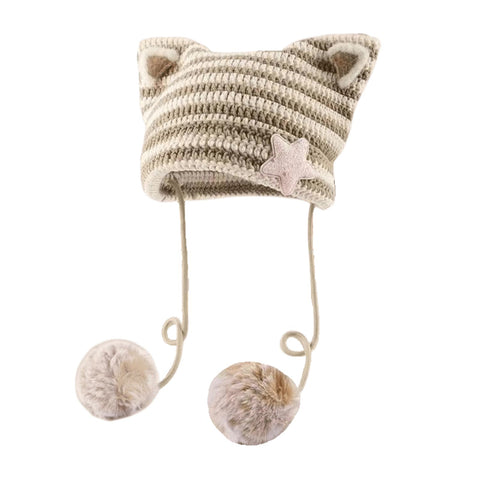 Women Y2K Cat Ear Beanie Hat with Pom Poms Star Accessories Goth Grunge Crochet Knitted Slouchy Skully Caps Alt Emo Clothes (Khaki-Beige)