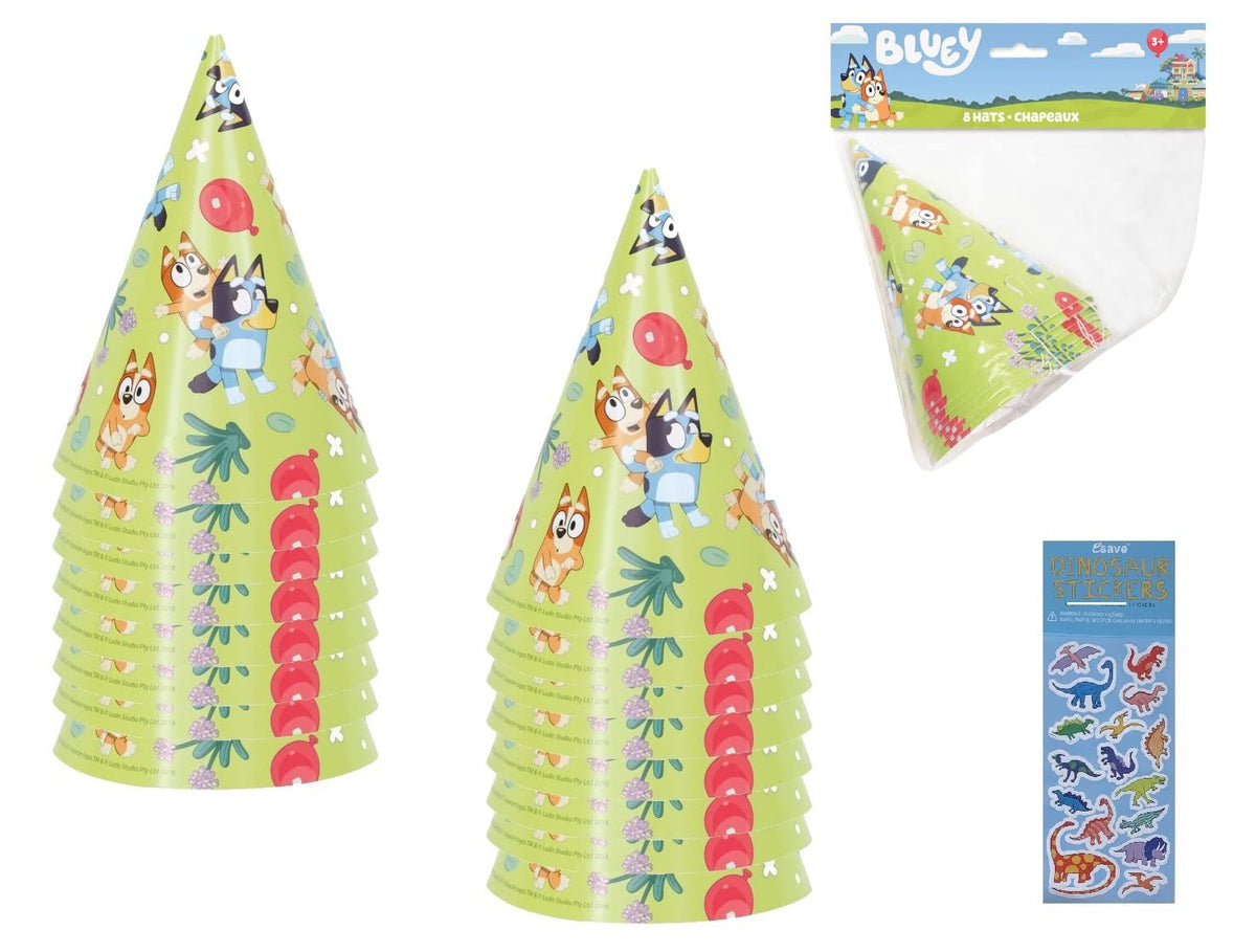 Unique Bluey Birthday Party Supplies Bundle Pack includes Party Cone Hats and 1 Dinosaur Sticker Sheet - 16 Hats