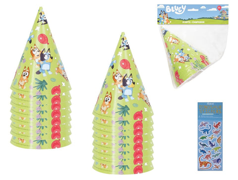 Unique Bluey Birthday Party Supplies Bundle Pack includes Party Cone Hats and 1 Dinosaur Sticker Sheet - 16 Hats