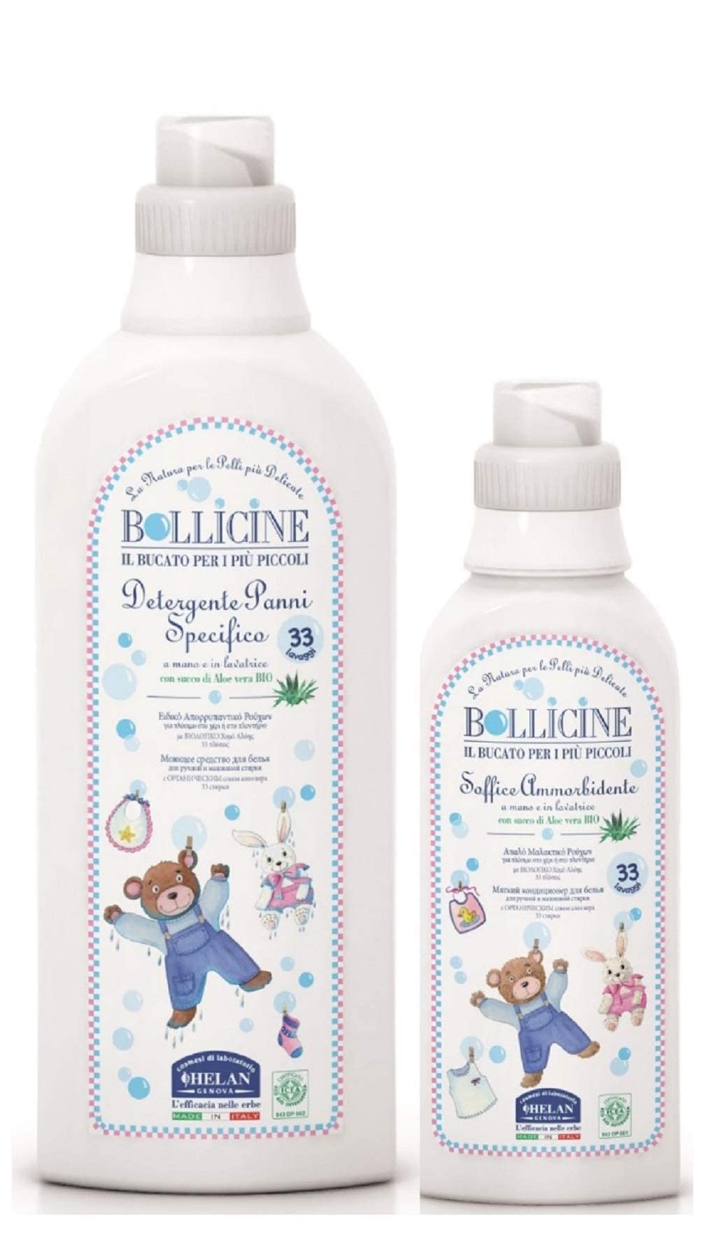 Helan Bollicine - Baby Laundry Set with Laundry Detergent Liquid for Baby Clothes 1L + Concentrated Fabric Softener with Aloe Vera 500 ml - Vegan, Ideal for Hand & Machine Wash - Made in Italy