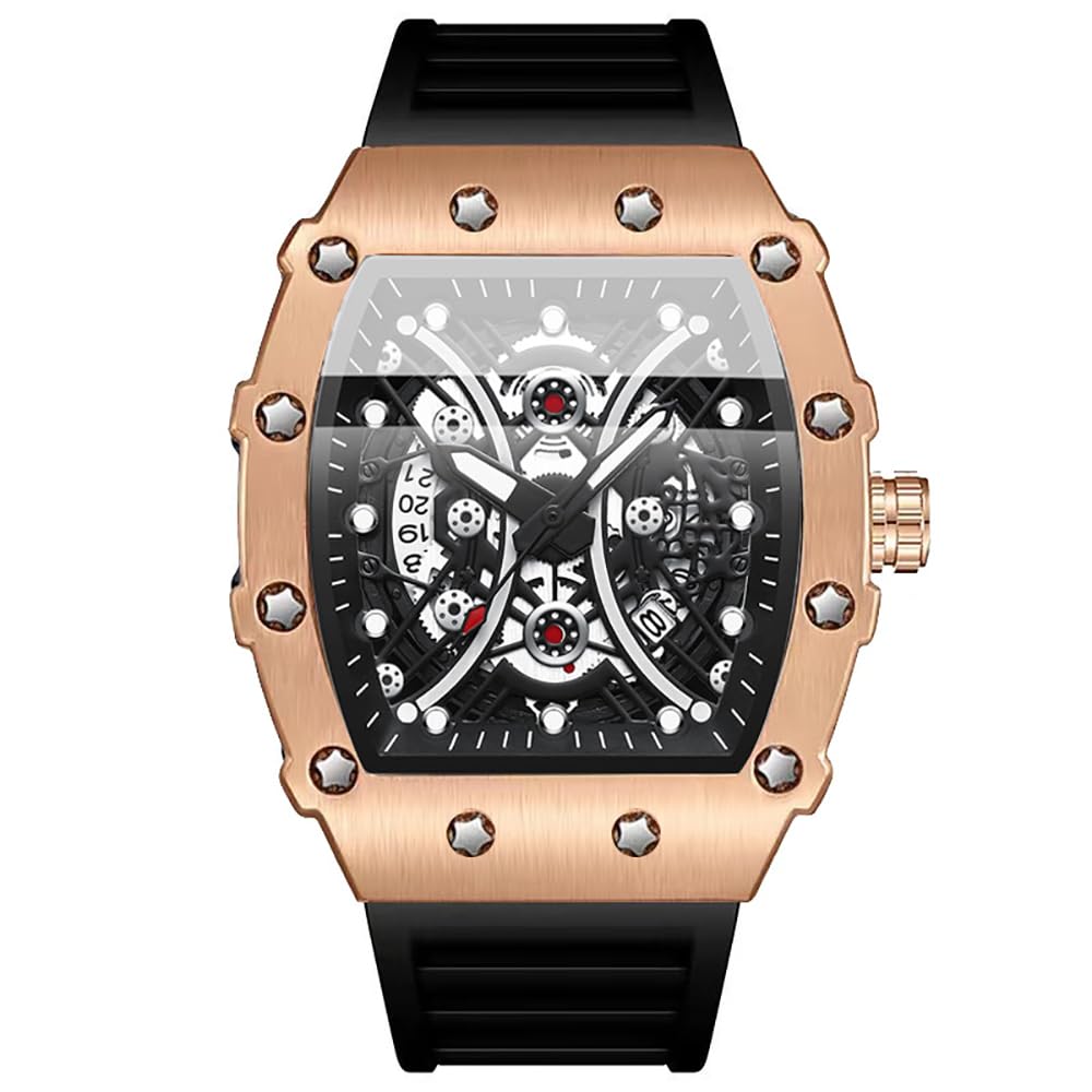 Tiong Rose Black Men's Barrel Shaped Business Quartz Watch?Non Mechanical Watches for Men,Luminous Waterproof Silicone Men's Quartz Watch-Rose Black
