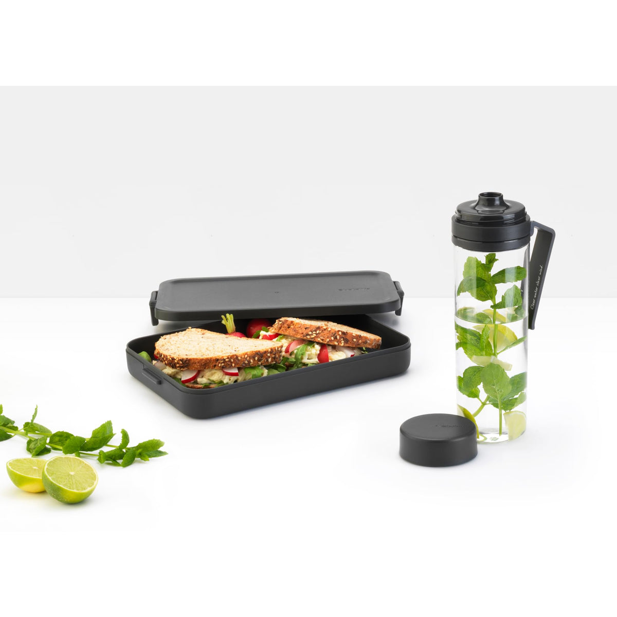 Brabantia Make & Take Break Set (Set of 2) Matching Water Bottle with Fruit Sieve Infuser & Flat Lunch Box, BPA-Free, Travel To Go Meal Containers, Dishwasher Safe