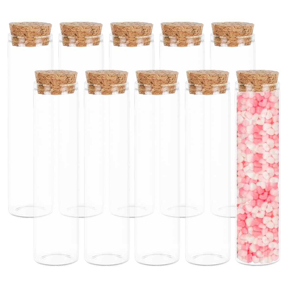 BENECREAT 10 Pack 60ml Glass Test Tube with Cork Stopper Clear Flat Mini Glass Bottles Jars for Wedding Party Favors, Candy, Spices, Beads, Mother's Day Home Decor