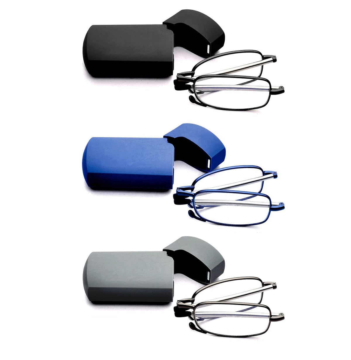 GOOSEN 3-Pack Reading Glasses Men Women, Pocket Wallet Purse Compact Hard Cases Folding Readers, Blue light Glasses Spring Hinge 2.0 x