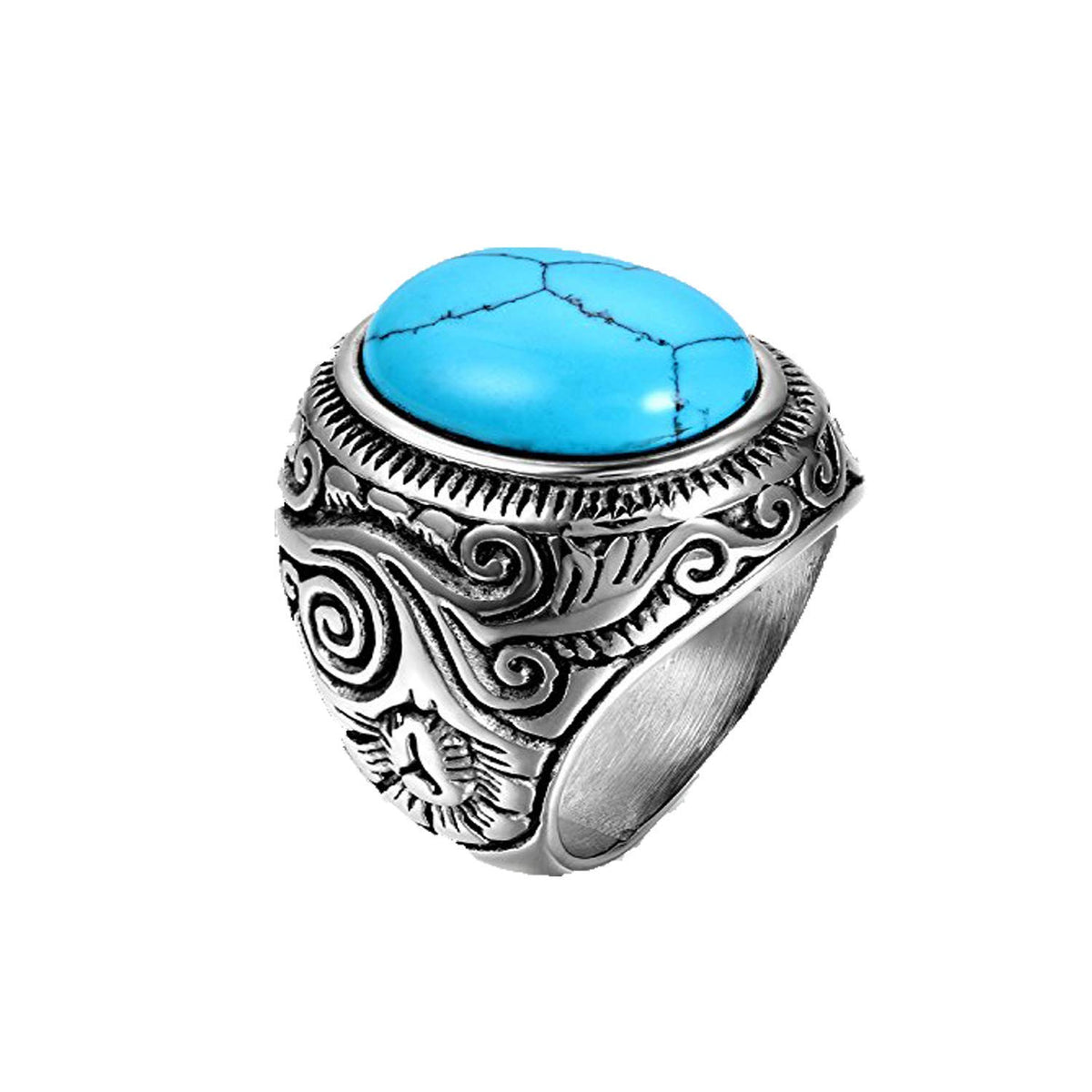 Oidea silver stainless steel rings for men, women, classic retro charm, artificial turquoise stones, stainless steel ring, men's ring sizes 54 (17.2) (UK N) - 76 (24.2) turquoise