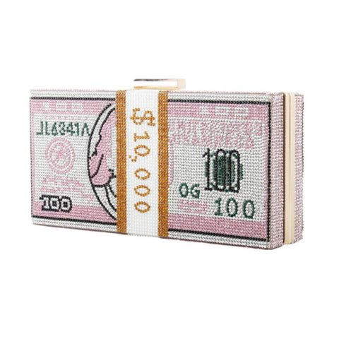 Classic Dollar Style Evening Bags With Diamond Shoulder Bag Wallet Clutch Crossbody Bag with Chain Strap Pink