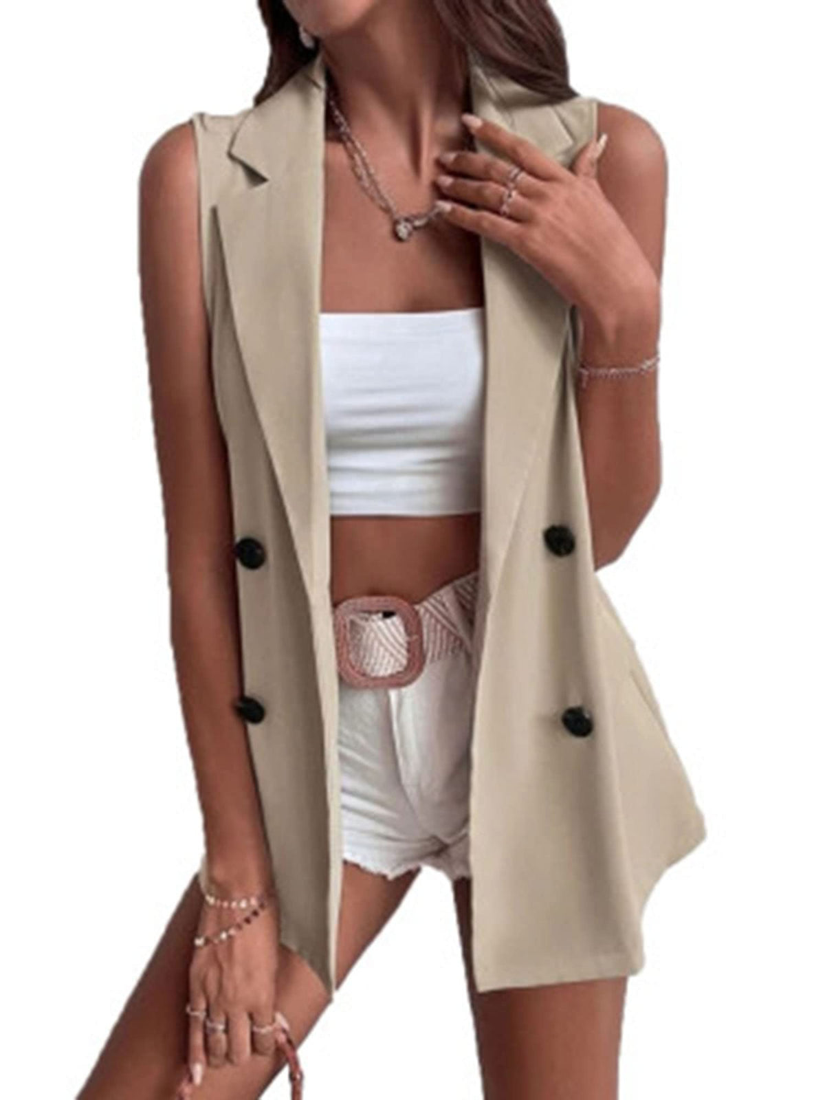 Bigeoosh Women's Sleeveless Open Front Cardigan Vest Casual Double Breasted Vest Blazer Jacket with Pockets