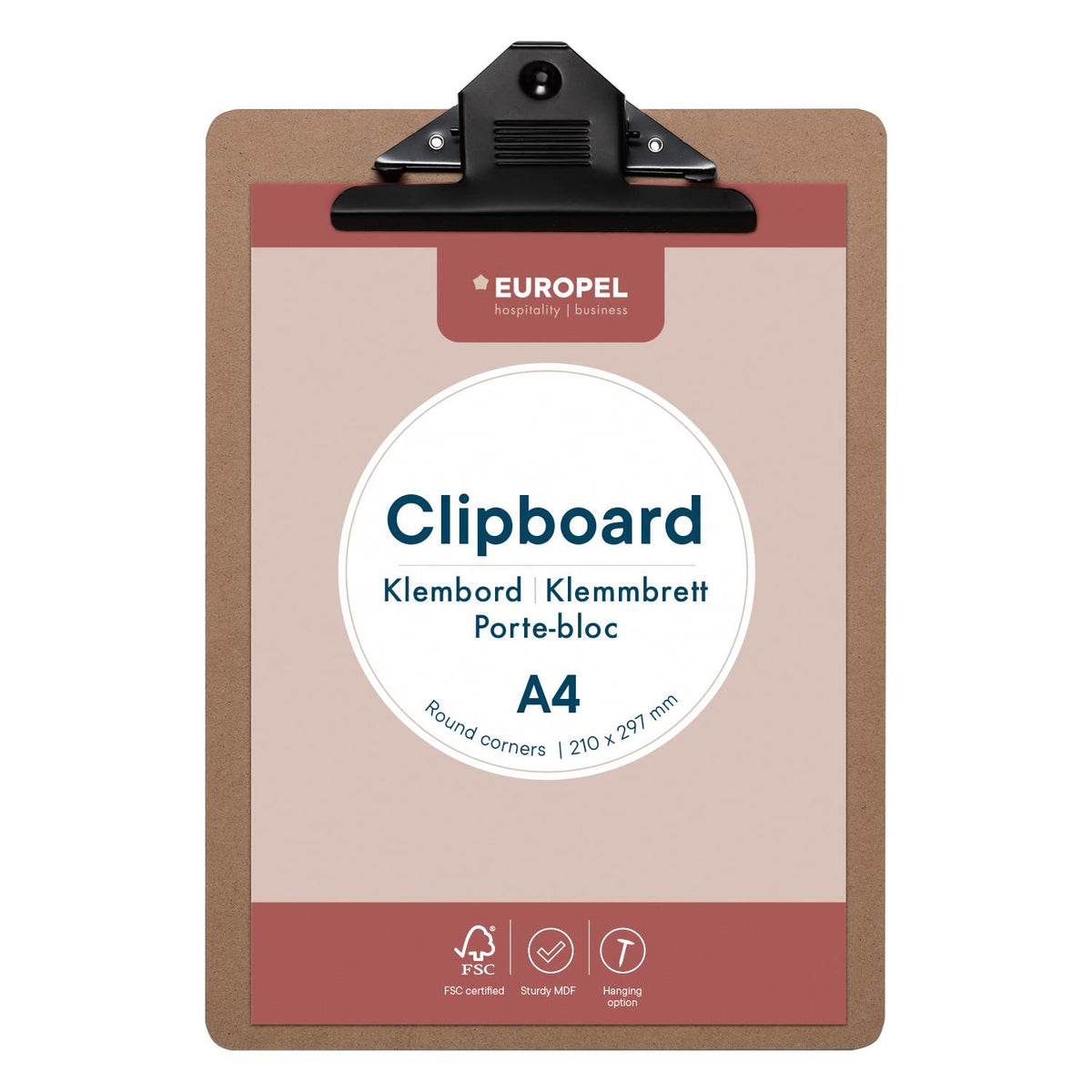 Europel Wooden Clipboard - Durable Wood Hardboard with Black Metal Clip & Concealed Hanging Hole - A4 Clipboard & Paper Board for School Classroom, Office, Business, Restaurant, Warehouse 197001