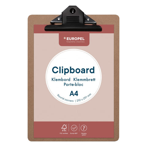 Europel Wooden Clipboard - Durable Wood Hardboard with Black Metal Clip & Concealed Hanging Hole - A4 Clipboard & Paper Board for School Classroom, Office, Business, Restaurant, Warehouse 197001