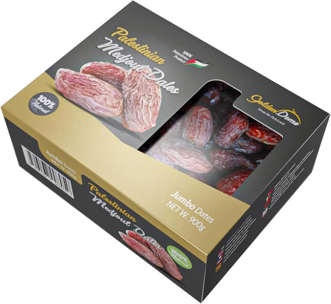 Golden Dome Delicious and Juicy Jumbo Medjool Dates (Box of 900 g) - All Natural, No Added Sugar, Free from Additives, Sustainably Grown and Hand-Picked Palestinian Dates