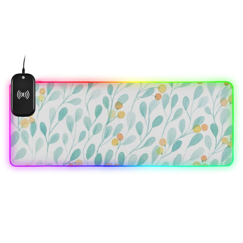 Beautiful Watercolor Leaves Wireless Charging Mouse Pad for Mobile Phone Extra Large Gaming Mousepad with 13 Lighting Modes Keyboard Mat for MacBook PC Laptop Desk Office Home Gaming
