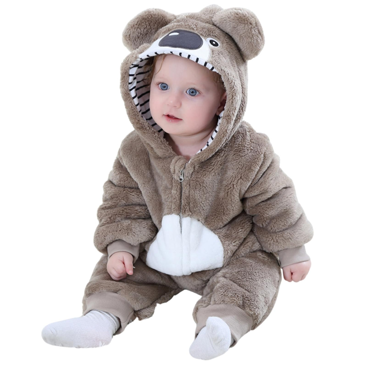 maxToonrain Baby Grey Bear Costume Romper Toddler Boys & Girls Role-Playing Outfit with Zipper Hooded Flannel Bear Onesie Pajamas (6-11 Months)