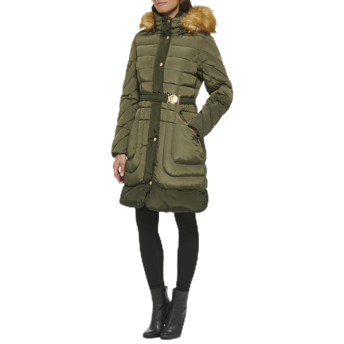 GUESS Women's Midweight Puffer Jacket, Belted IVV, Medium