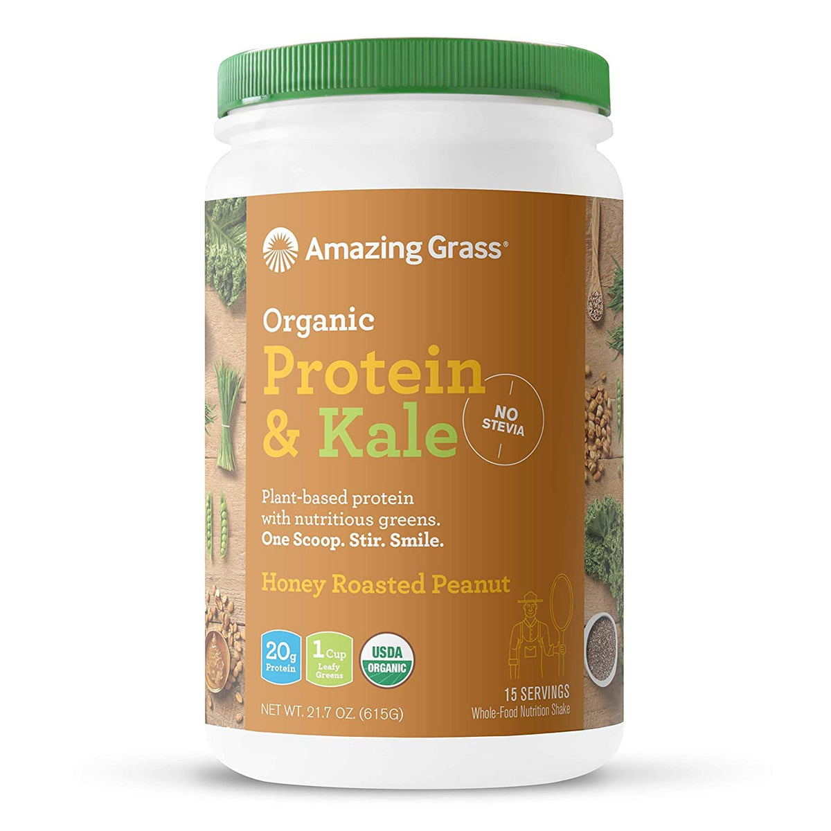Amazing Grass | Protein & Kale - Organic, Plant-Based, 1 Cup Nutritious Leafy Greens, No Stevia, No Gluten, No Dairy, Non GMO, 20g Protein | Honey Roasted Peanut, 615g